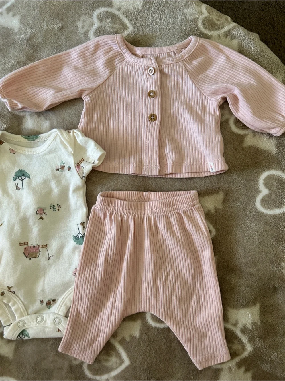 Pink Ribbed Baby Top & Cream Animal Print Bodysuits Set
